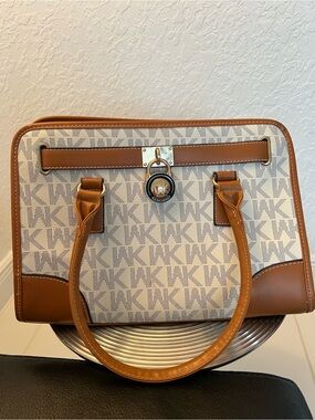 Wendy Keen Tan and White Logo Satchel